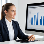 A professional female dietitian, fully clothed in a modest business blazer and trousers, is seated at a sleek modern desk with a tablet and large monitor displaying health data. She is engaged in an online nutrition consultation, with a focused and approachable expression. The background is a minimalist, brightly lit office space, conveying modern healthcare and personalized digital support. safe for work, appropriate content, fully clothed, professional dress, perfect anatomy, correct proportions, natural pose, well-formed hands, proper finger count, natural body proportions, professional photography, high quality.
