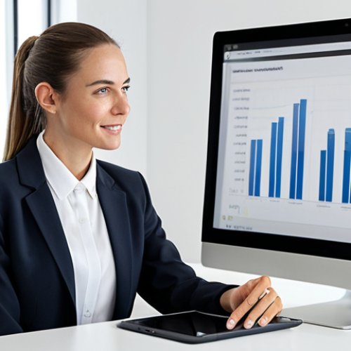 A professional female dietitian, fully clothed in a modest business blazer and trousers, is seated at a sleek modern desk with a tablet and large monitor displaying health data. She is engaged in an online nutrition consultation, with a focused and approachable expression. The background is a minimalist, brightly lit office space, conveying modern healthcare and personalized digital support. safe for work, appropriate content, fully clothed, professional dress, perfect anatomy, correct proportions, natural pose, well-formed hands, proper finger count, natural body proportions, professional photography, high quality.