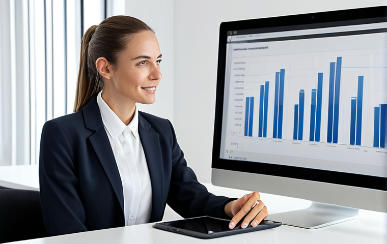 A professional female dietitian, fully clothed in a modest business blazer and trousers, is seated at a sleek modern desk with a tablet and large monitor displaying health data. She is engaged in an online nutrition consultation, with a focused and approachable expression. The background is a minimalist, brightly lit office space, conveying modern healthcare and personalized digital support. safe for work, appropriate content, fully clothed, professional dress, perfect anatomy, correct proportions, natural pose, well-formed hands, proper finger count, natural body proportions, professional photography, high quality.