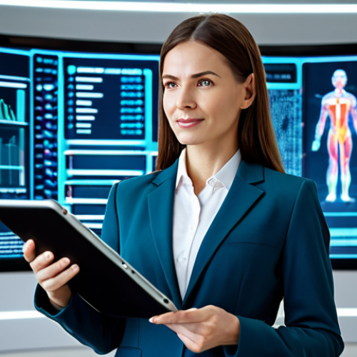 A professional female dietitian in a modest business suit, fully clothed, professional dress. She stands in a sleek, modern office, surrounded by glowing holographic displays showing complex health data, dynamic charts, and personalized dietary plans. She holds a tablet, pointing to a specific data visualization. The background features blurred, futuristic architectural elements, emphasizing innovation. perfect anatomy, correct proportions, natural pose, well-formed hands, proper finger count, natural body proportions, professional photography, high quality, highly detailed, safe for work, appropriate content, fully clothed, professional.