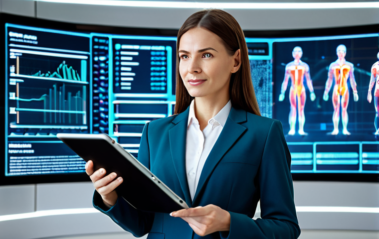 A professional female dietitian in a modest business suit, fully clothed, professional dress. She stands in a sleek, modern office, surrounded by glowing holographic displays showing complex health data, dynamic charts, and personalized dietary plans. She holds a tablet, pointing to a specific data visualization. The background features blurred, futuristic architectural elements, emphasizing innovation. perfect anatomy, correct proportions, natural pose, well-formed hands, proper finger count, natural body proportions, professional photography, high quality, highly detailed, safe for work, appropriate content, fully clothed, professional.