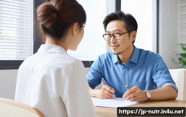 영양사 실무 케이스 스터디 - A warm, modern clinical nutrition consultation scene featuring a middle-aged Japanese male diabetes ...