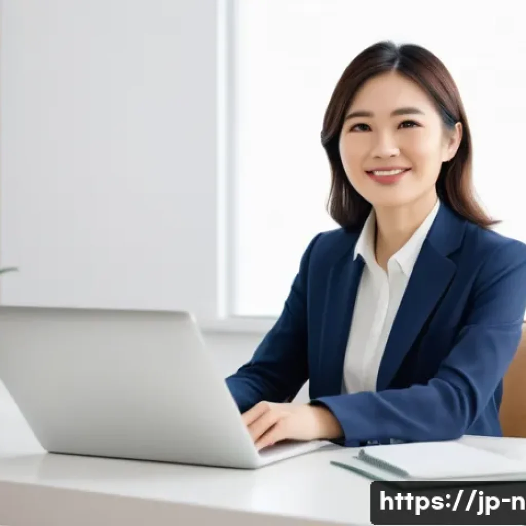 영양사 이직 인터뷰 준비법 - A professional Japanese nutritionist woman in business casual attire, sitting confidently in a brigh...