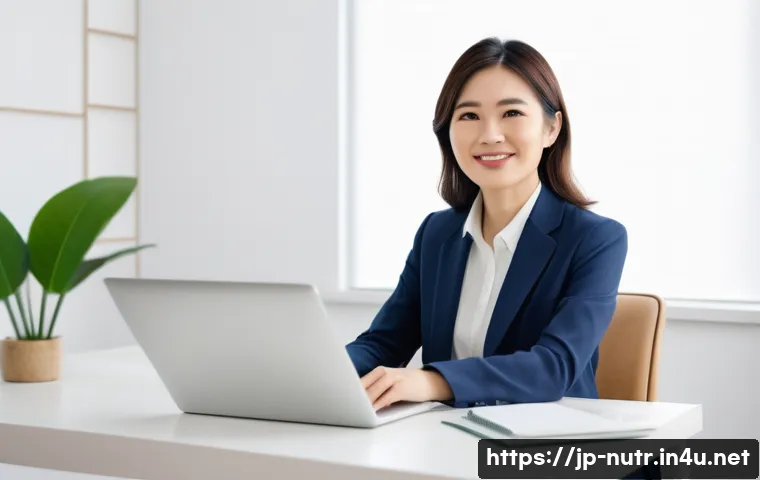 영양사 이직 인터뷰 준비법 - A professional Japanese nutritionist woman in business casual attire, sitting confidently in a brigh...