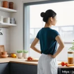 영양사 직무 스트레스 관리법 - A serene morning scene in a modern Japanese kitchen featuring a young female nutritionist in modest,...