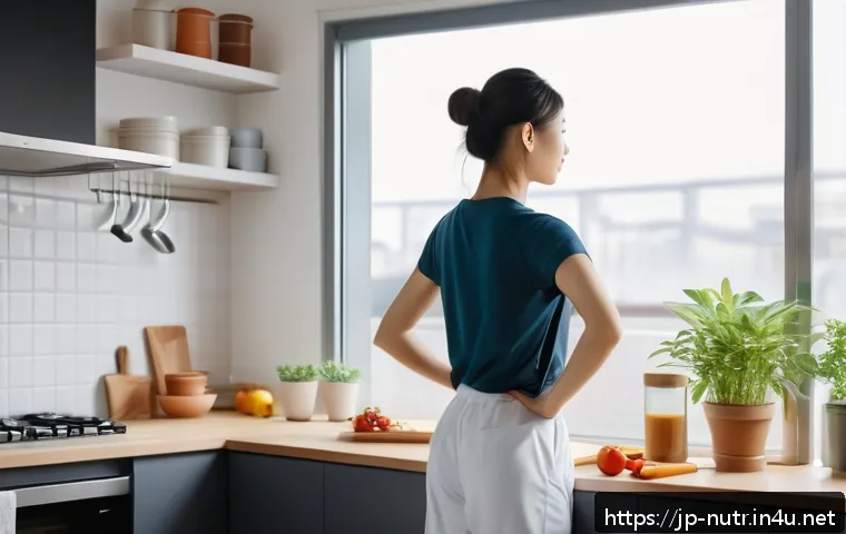 영양사 직무 스트레스 관리법 - A serene morning scene in a modern Japanese kitchen featuring a young female nutritionist in modest,...