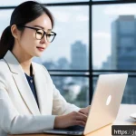 영양사 실무 환경 구축하기 - A modern Japanese office scene focused on efficient digital information management: a young Japanese...