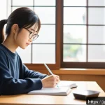 영양사 자격증 시험 준비법 - A modern Japanese study room scene featuring a young adult student sitting at a clean, organized des...
