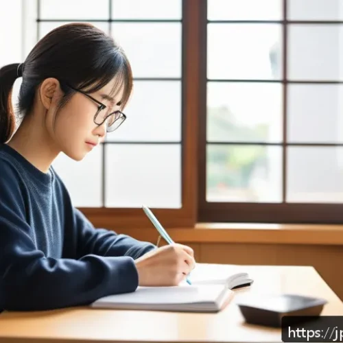 영양사 자격증 시험 준비법 - A modern Japanese study room scene featuring a young adult student sitting at a clean, organized des...
