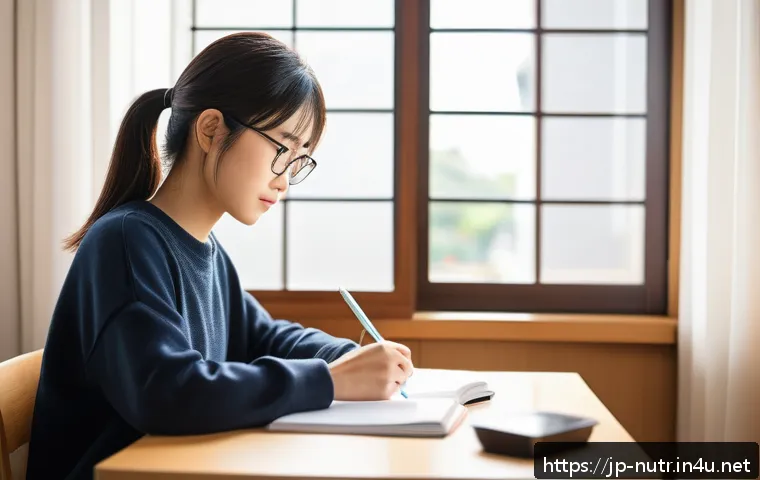 영양사 자격증 시험 준비법 - A modern Japanese study room scene featuring a young adult student sitting at a clean, organized des...