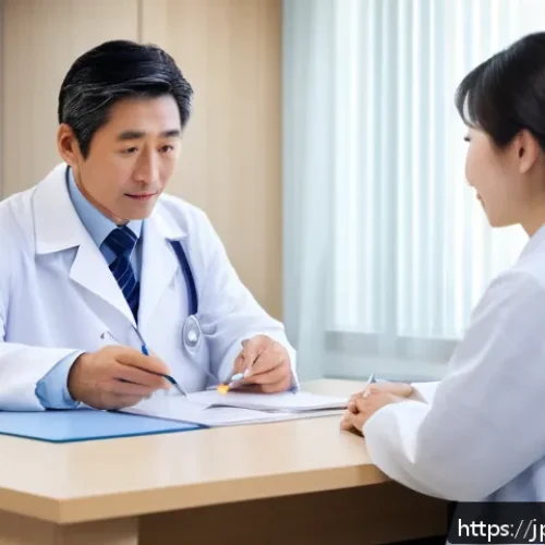 영양사와 병원 업무 차이 - A professional Japanese hospital nutritionist in a modern clinical setting, wearing a clean white la...