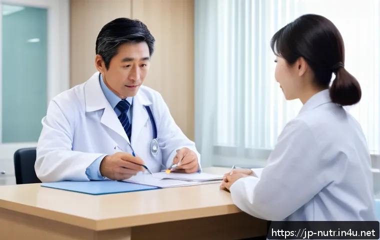 영양사와 병원 업무 차이 - A professional Japanese hospital nutritionist in a modern clinical setting, wearing a clean white la...