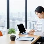 영양사 업무에서 필요한 컴퓨터 기술 - A modern office workspace scene featuring a Japanese nutritionist using a laptop, smartphone, and ta...