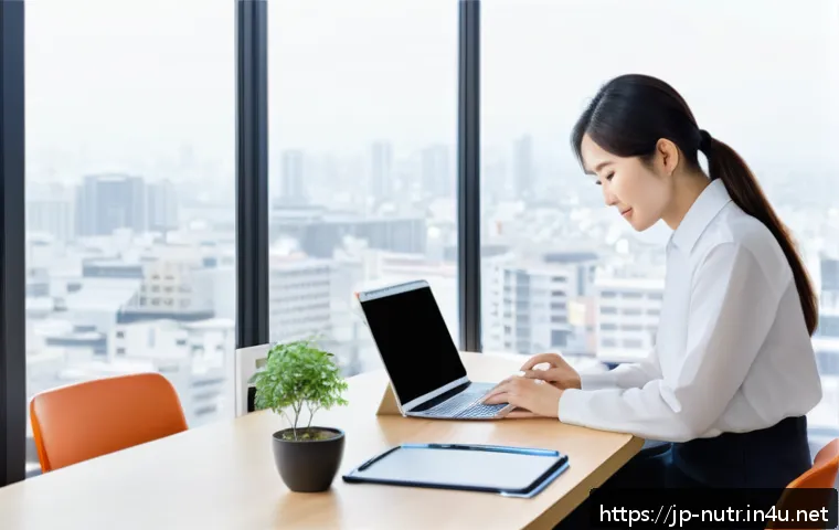 영양사 업무에서 필요한 컴퓨터 기술 - A modern office workspace scene featuring a Japanese nutritionist using a laptop, smartphone, and ta...