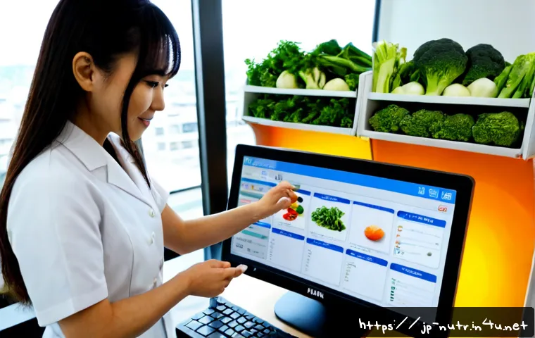 영양사 업무 자동화 도구 - Photorealistic modern Japanese dietitian office, friendly registered dietitian reviewing a meal plan...